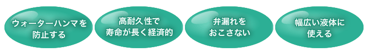 ウォーターハンマを防止する/高耐久性で寿命が長く経済的/弁漏れをおこさない/幅広い液体に使える